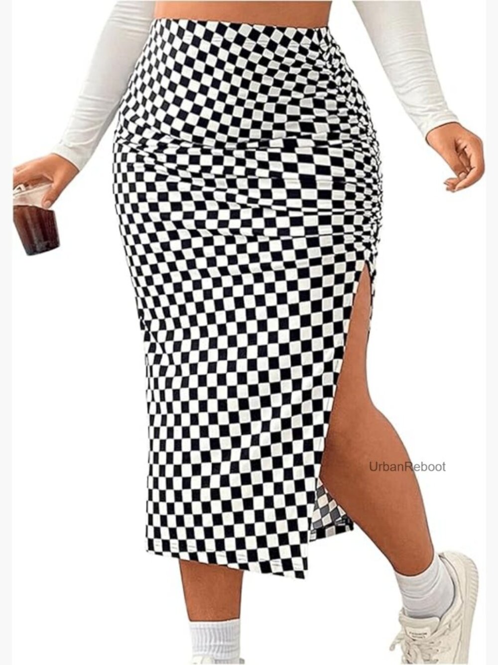 Plus Size Checkered Ruched Midi Skirt High Waist Split Side Bodycon